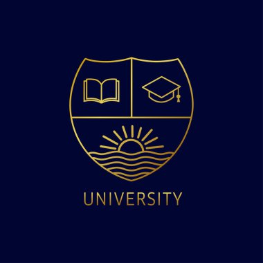 Açık kitap, kare akademik kap ve nehir tarih Pzr Üniversitesi Eğitim logo tasarımı. Üniversite veya kolej Altın çizgili sanat amblemi şablon tema olduğunu. Vektör çizim