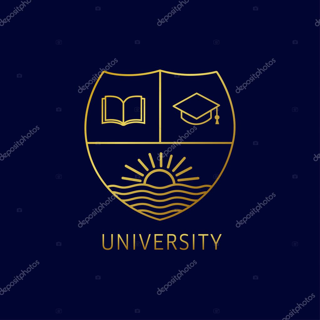 University education logo design with open book, square academic cap and sun on river. University or college is golden line art emblem template design. Vector illustration