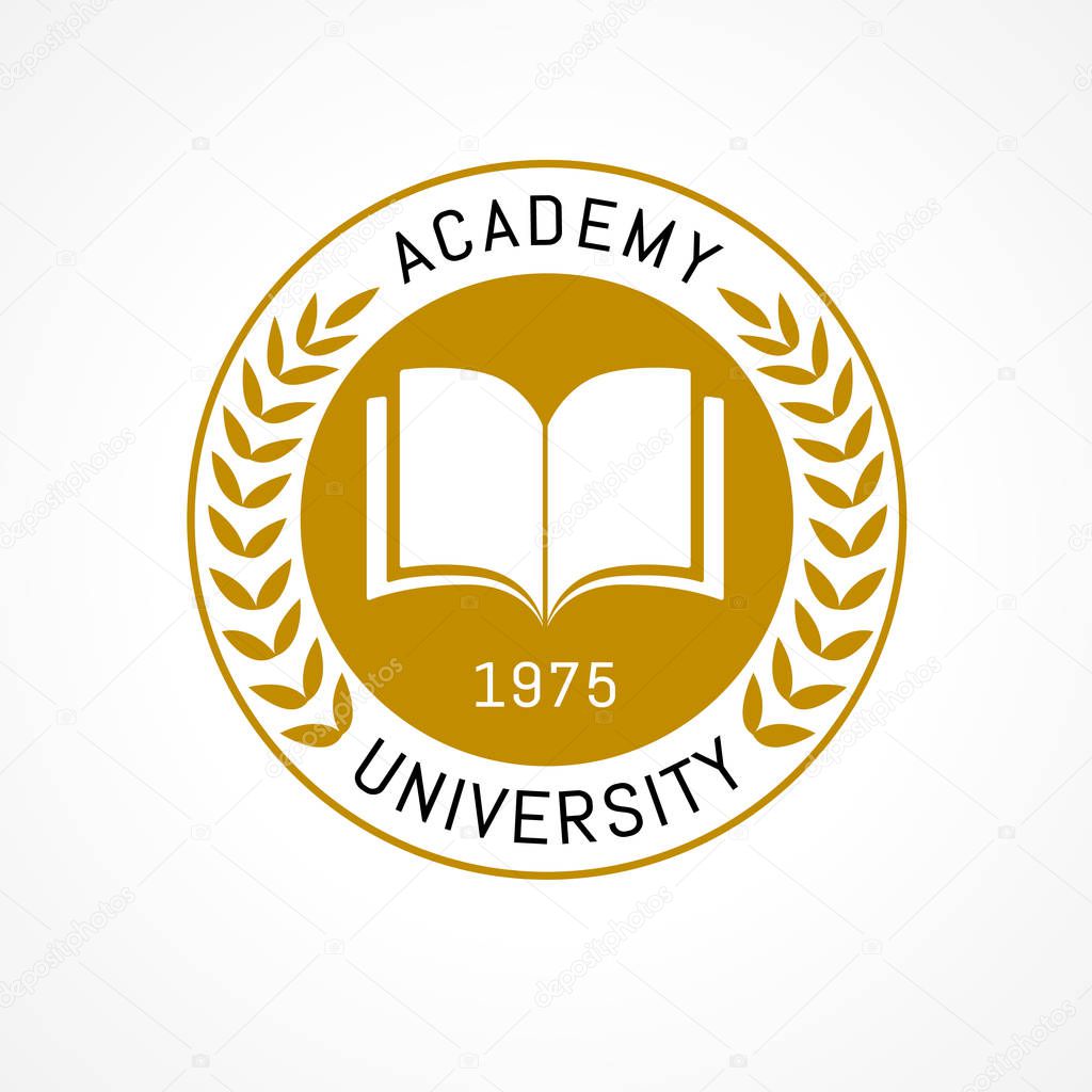 University education logo design with open book and laurel branch. University or college is golden wreath emblem template design. Vector illustration