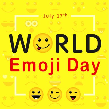 Dünya Emoji günü yazı satırı sanat ifadeler ile. Mutlu sarı gülen bir düz tasarım ve sarı arka plan üzerinde metin dünya Emoji günü. Vektör ifade sevinç kutsal kişilerin resmi