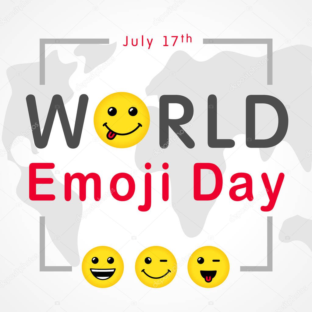 World Emoji Day with lettering and smiling emoticon, july 17th. Happy yellow smiley in a flat design and text World Emoji Day on world map background. Vector emoticon joy icons