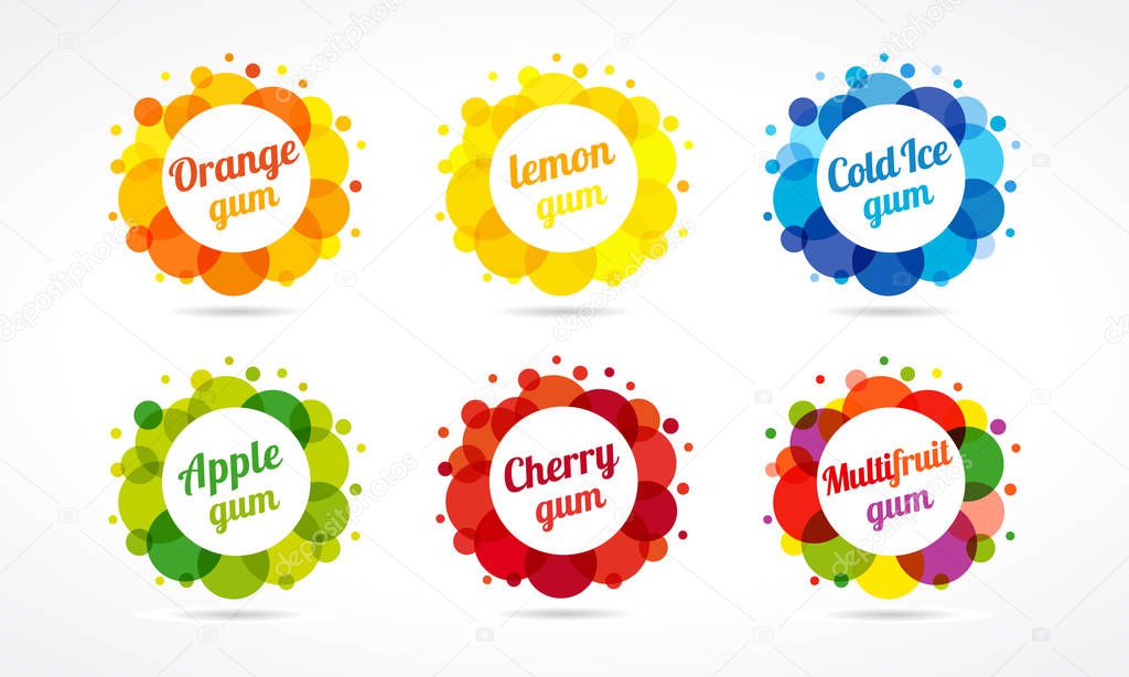 Set of colorful logotypes. Vector round coloured multifruit collection. Isolated graphic, cookie business idea, template with clearance, lettering on white background. Food industry emblem concept.