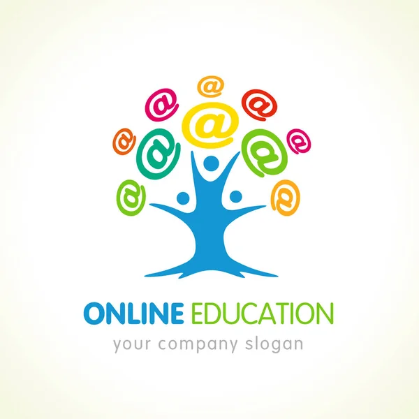 Online Education Logo People Tree Colored Internet Sign Communication Emblem — Stock Vector