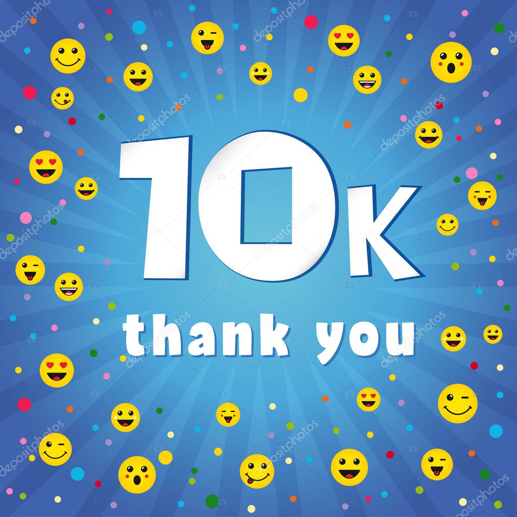 Thank you 10000k followers. Congratulating online thanks, image for net friends, customers 10 000 likes. Isolated sign, graphic elements. Blue colour background, white paper text. 10 % percent off trendy idea.