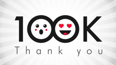 100 000 takipçileri logo teşekkür ederim. Siyah ve beyaz renkler sayesinde ağ tebrik ediyor, net arkadaş soyut resim, müşteriler 100 000 k üye, % oranında indirim off. İzole gülümseyen insanlar.