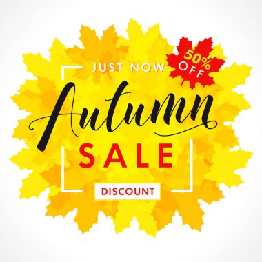 Parlak afiş metin % 50 şimdi sarı akçaağaç yaprakları çerçevesinden ile sonbahar Satılık. Sonbahar satış arka plan, promosyon poster veya el ilanı tasarımı için özel teklif. Vektör çizim
