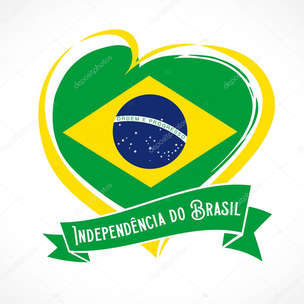 Love Brazil flag emblem with portuguese text Independencia do Brasil on ribbon. Translate: Independence day of Brazil, vector background with heart in national flag colors