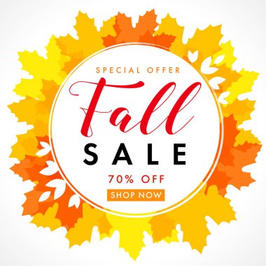 Sonbahar satış metin parlak sarı akçaağaç üzerinden çerçevesindeki özel indirim kapalı % 70 ile bırakır. Sonbahar satış arka plan, dükkanı promosyon afiş veya el ilanı tasarımı için şimdi. Vektör çizim