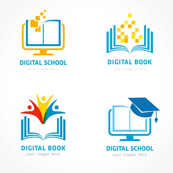 Online Eğitim Logo Şablonu Kümesi Çevrimiçi Öğrenme Piksel Açık Kitap — Stok Vektör