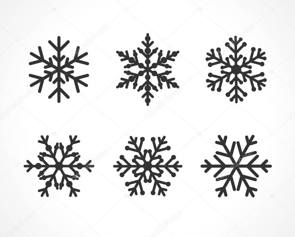 Winter gray christmas frost vector icon snowflakes isolated silhouette symbol. Snowflake line set black color