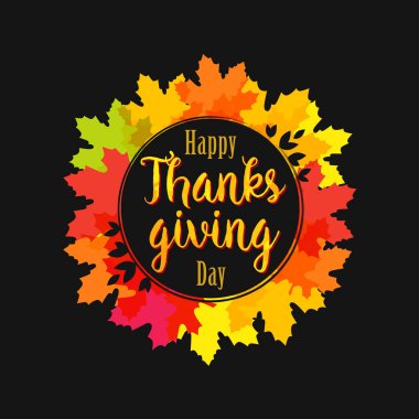 Tasarım Şükran günü renkli Koyu üzerinde Tebrikler. Soyut izole grafik şablonu. Renkli yaprakları, kapı dekor fikir. Mevsimlik dekoratif tebrik işareti, geleneksel tarzda, kaligrafi öğeleri. Kutlama veren mutlu teşekkür.