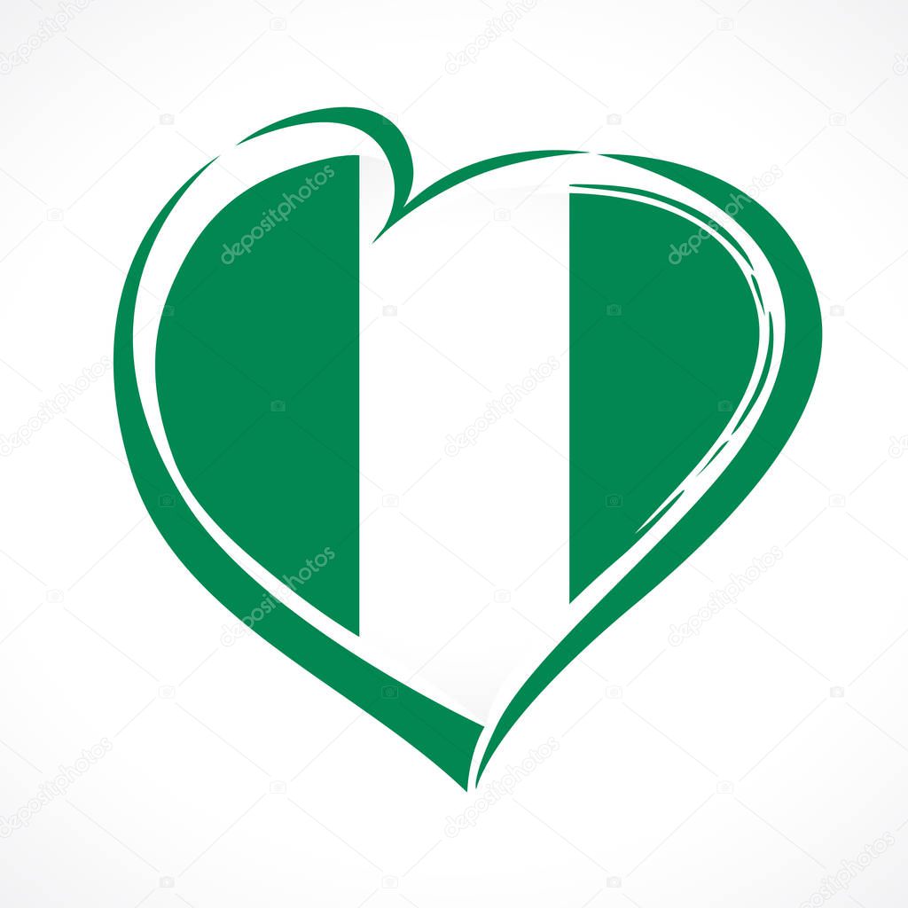 Love Nigeria, heart emblem in national flag colored. Flag of Nigeria with heart shape for Nigerian Independence Day isolated on white background. Vector illustration
