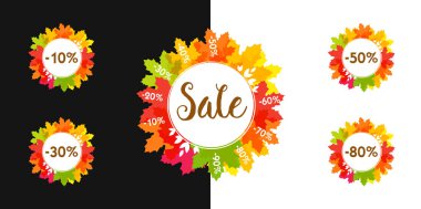 Mevsimlik indirimli küme. Renkli parlak kırmızı yaprakları, ticari dekorasyon tasarım şablonu perakendecilik sunuyoruz. Kesme yuvarlak şekli, trendy soyut basamak, yaratıcı web grafik % yüzde izole.