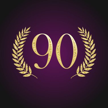90 logosu parlak parlayan altın. 90 inci yıl eski logo. İzole zarif soyut adayı grafik mühür % 90. Dekorasyon kartı tasarım şablonu yuvarlak şekil lüks basamak,-90 kutlama tebrik % yüzde işareti kapalı