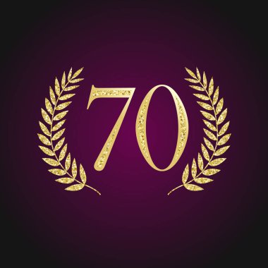 70 logosu parlak parlayan altın. 70 inci yıl eski logo. % 70 zarif soyut adayı grafik mühür izole. Dekorasyon kartı tasarım şablonu yuvarlak şekil lüks basamak,-70 kutlama tebrik % yüzde işareti kapalı