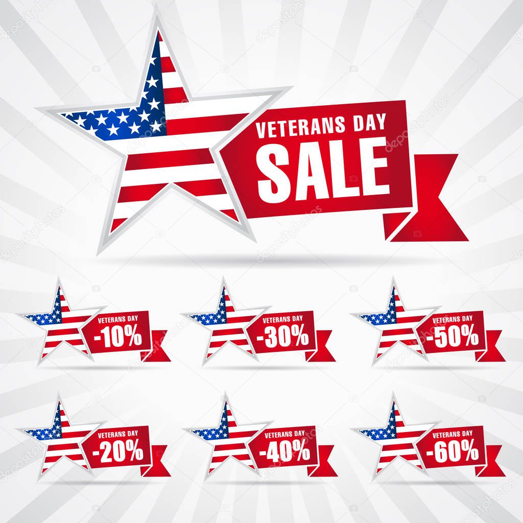 Veterans day USA, sale banner. Special offer stars shepe for November 11, Honoring all who served vector background. 10%, 20%, 30%, 40%, 50%, 60% off discount symbols
