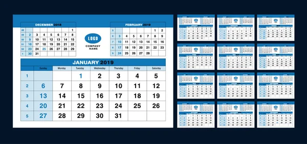 Calendar Template 2019 Years Set Calendar Pages Vector Design Print — Stock Vector