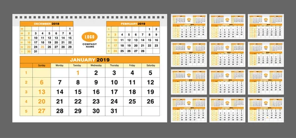 Modelo Calendário Para 2019 Anos Conjunto Páginas Calendário Modelo Impressão — Vetor de Stock