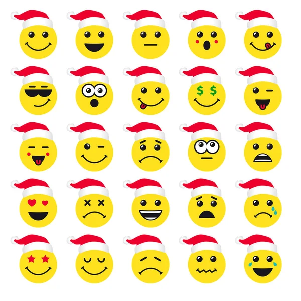 Set Emoticon Icone Emoji Gialle Cappello Babbo Natale Sorriso Illustrazione — Vettoriale Stock