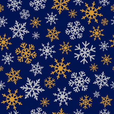 Zarif gümüş ve altın kar tanesi Lacivert seamless modeli. Kar tanesi çizgi Noel frost Noel tebrik kartı veya yeni yıl afiş için koyu mavi zemin üzerine altın ve Gümüş renklerde 