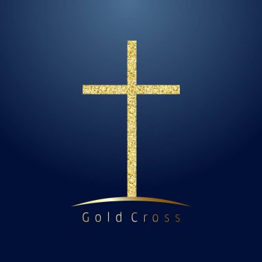 Gold cross on hill logotype. Emblem of christian event & education. Greeting card with glitter and sparkles on dark blue background. Isolated symbol, graphic design template. clipart
