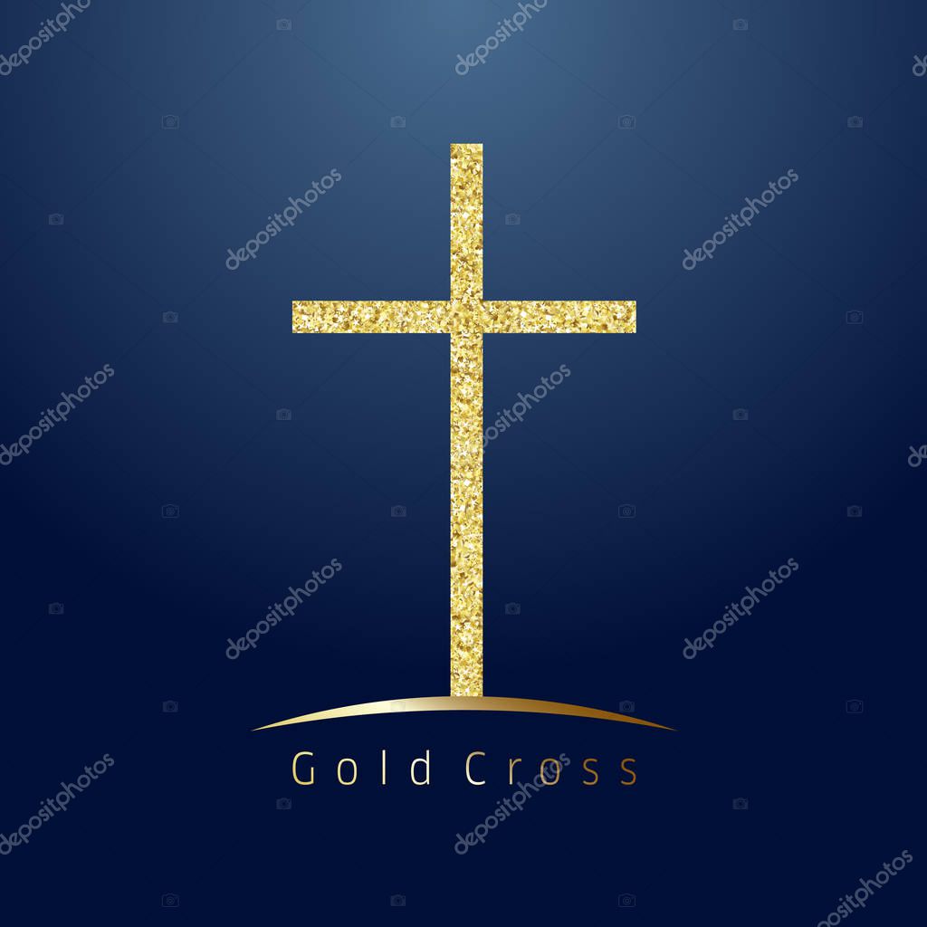Gold cross on hill logotype. Emblem of christian event & education. Greeting card with glitter and sparkles on dark blue background. Isolated symbol, graphic design template.