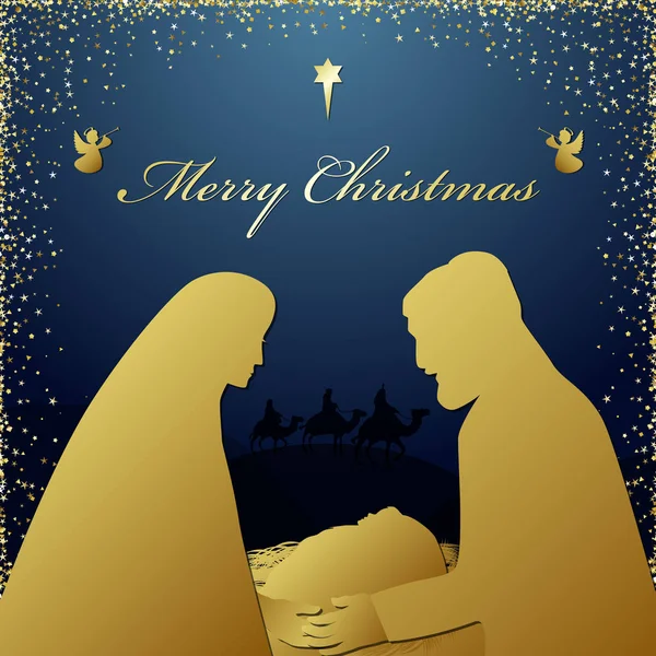 圣诞快乐 宗教问候 神的儿子是天生的精神圣经历史 正方形深蓝色背景 情侣和智者人物的剪影隔离的图形圣诞节图标设计模板 — 图库矢量图片