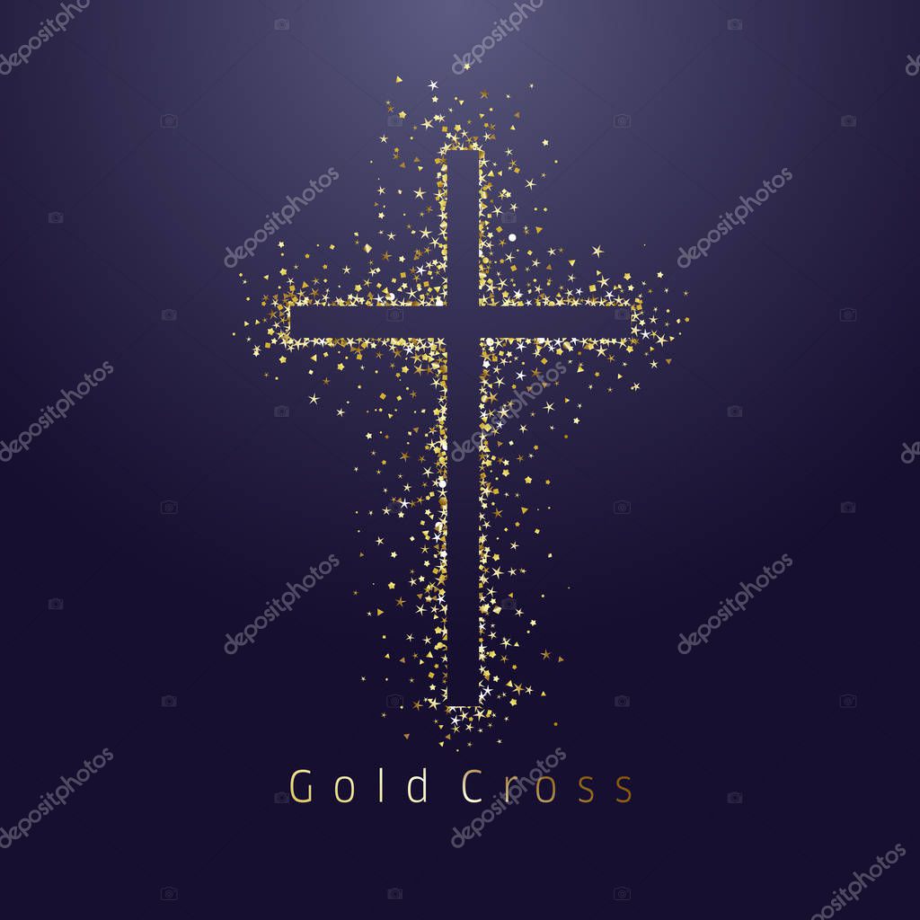 Gold shining cross logotype. Emblem of religious event. Greeting card with glitter and sparkles on dark night background. Isolated tradition glorious miracle symbol, abstract graphic design template.