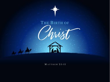 Bebek İsa Meryem ile yemlik ve siluet, yıldız ve üç Akil adam develer üzerinde çevrili içinde Noel sahne. Metin Doğum Mesih'in, vektör başlık sayfası veya poster ile Hıristiyan İsa'nın doğuşu