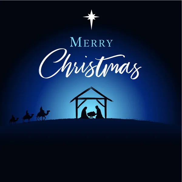 圣诞快乐 基督贺卡的诞生 出生场景的婴儿耶稣在马槽与玛丽和约瑟夫在剪影 周围的明星和三个智者在骆驼 矢量横幅或海报 — 图库矢量图片