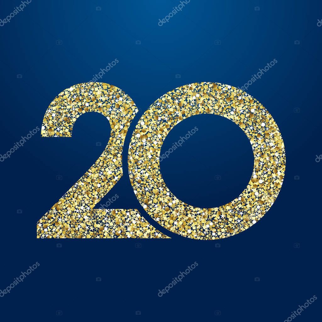 20 th years old logotype. Isolated golden color abstract dot graphic symbol of 20%. Shiny straight elegant cut label design template. Round shape digits, up to -20 % percent off sign. Discount emblem.