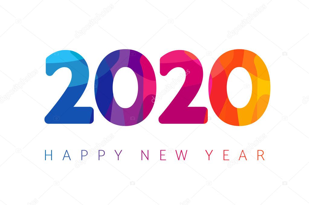 2020, Happy New Year xmas greetings card. Holidays background, colorful stained shape 20 & 20 isolated digits. Vector christmas numbers template