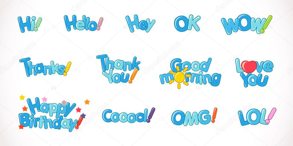 Set of phrase emoji vector web icons. Abstract graphic design word template. Beautiful greetings with collection of decorative blue volume alphabet letters with 3 d effect font on white background.