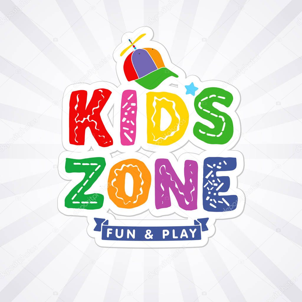 Kids zone, celebration fun & play sign. Abstract isolated vector graphic design template. Educational decorative youth emblem on white 3 d volume background, decoration with holiday confetti elements.