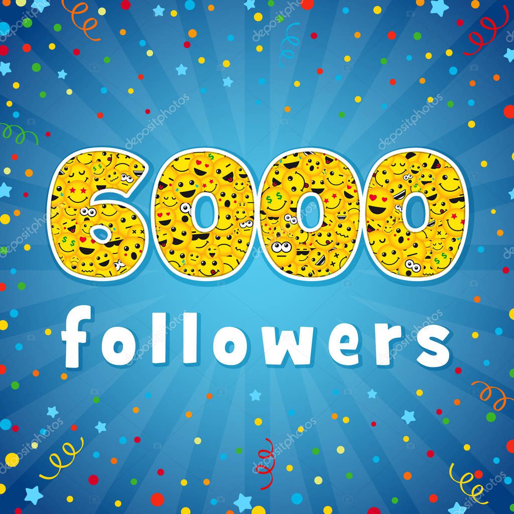 Thank you 6 000 followers logotype. Congratulating bright 6.000 networking thanks, net friends abstract image, 6000k sign with people faces. Isolated smiling numbers. Abstract graphic design template. Happy 6000 greeting card, decorative background