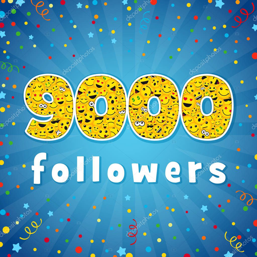 Thank you 9 000 followers logotype. Congratulating bright 9.000 networking thanks, net friends abstract image, 9000k sign with people faces. Isolated smiling numbers. Abstract graphic design template. Happy 9000 greeting card, decorative background