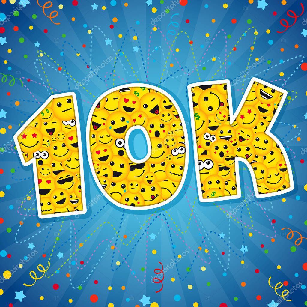 10 000 K Followers Thanks card. Thank you 10K logotype. Congratulating bright 10.000 networking thanks, net friends abstract new image, 10000k cute sign, people digits. Isolated smiling years old, lol symbol. Graphic design template.