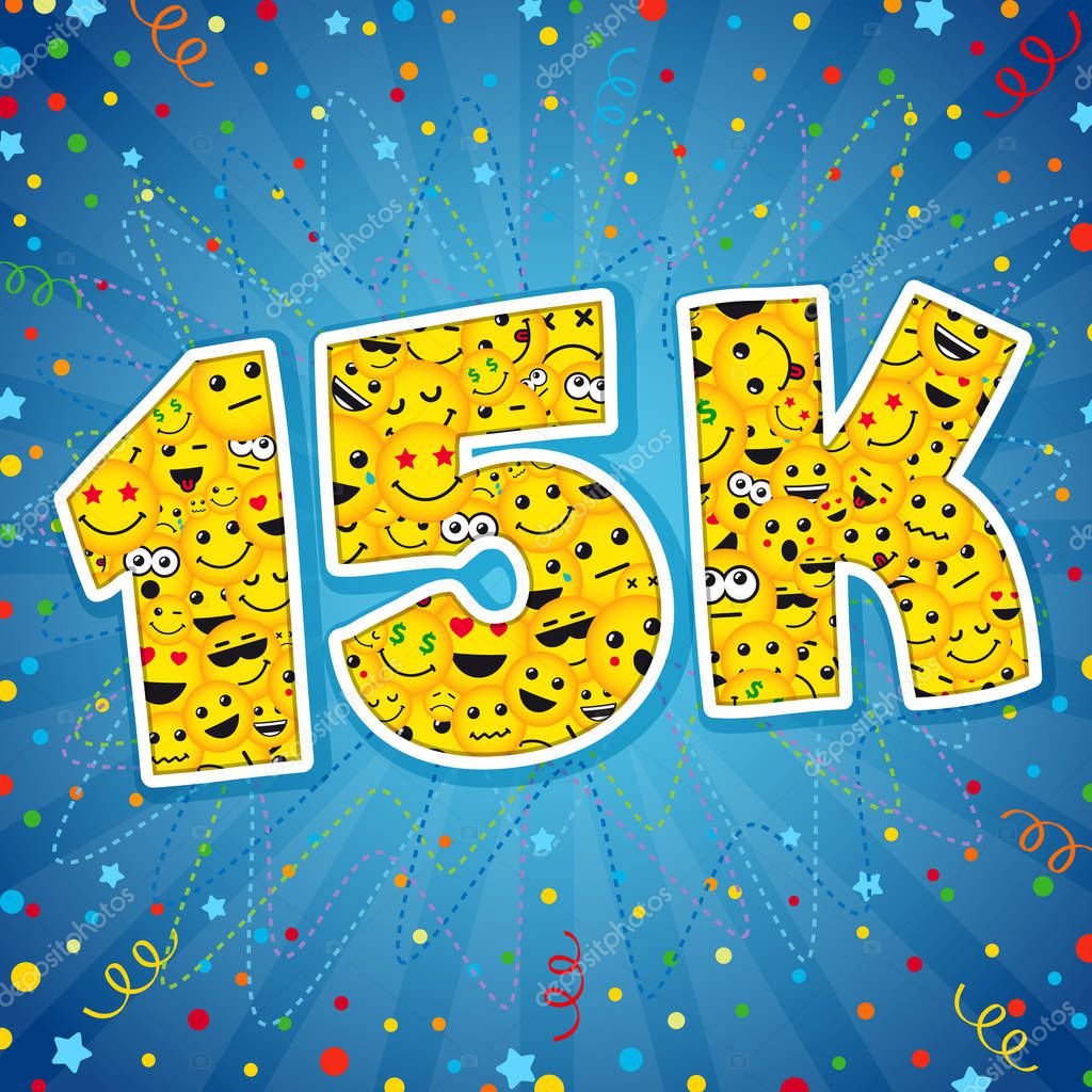 Thank you 15K logotype. Congratulating bright 15.000 networking thanks, net friends abstract new image, 15000k cute sign, people digits. Isolated smiling years old, lol symbol. Graphic design template. 15 000 K Followers Thanks card