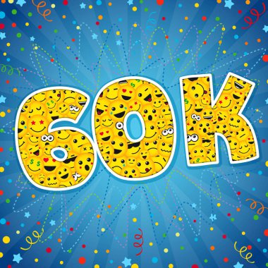 Teşekkür ederim 60k logo. Parlak 60.000 teşekkürler ağ tebrik ediyor, net arkadaş soyut yeni görüntü, 60000 k şirin üye, insanlar basamak. Yaşında, lol sembolü gülümseyen izole. Grafik tasarım şablonu. 60 000 K takipçileri teşekkür kartı