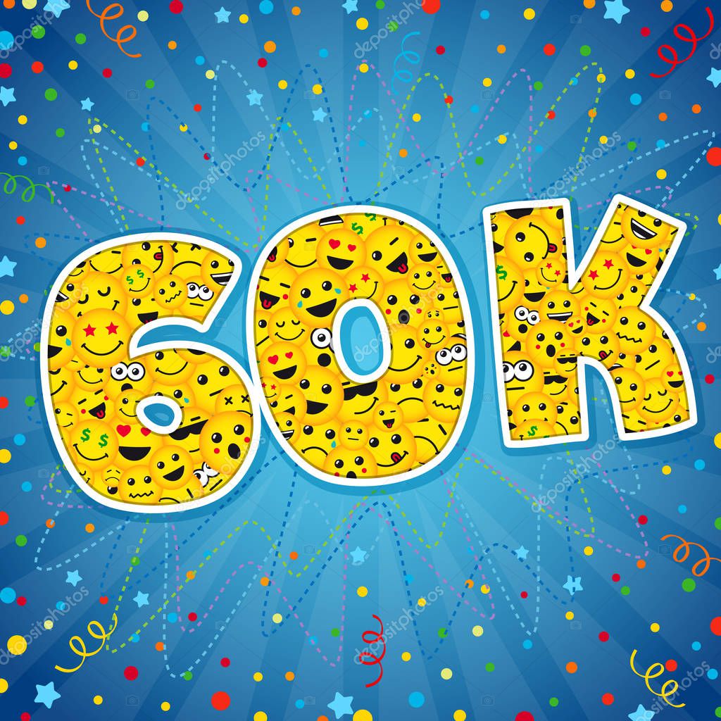 Thank you 60K logotype. Congratulating bright 60.000 networking thanks, net friends abstract new image, 60000k cute sign, people digits. Isolated smiling years old, lol symbol. Graphic design template. 60 000 K Followers Thanks card