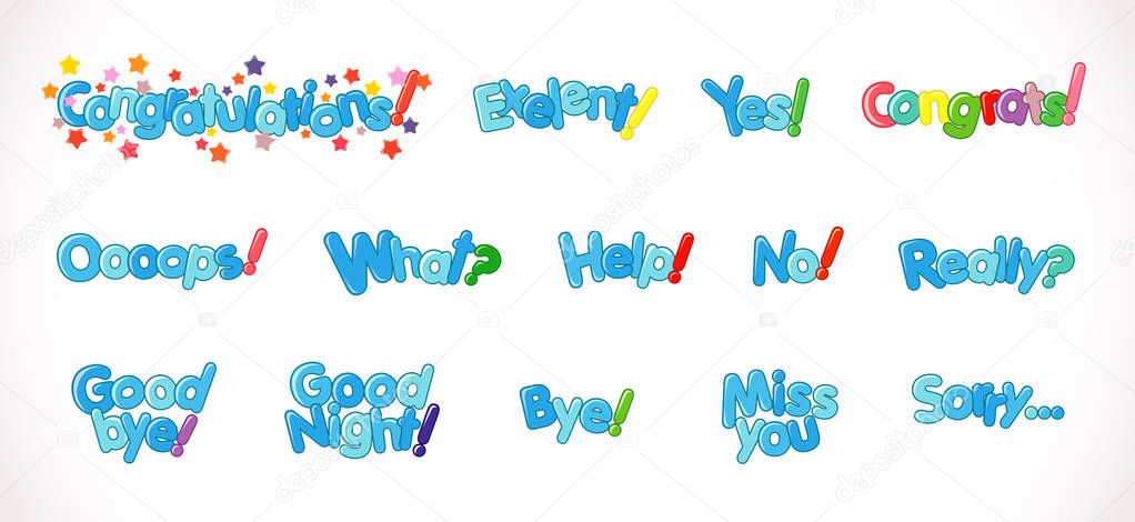 Set of phrase emoji vector web icons. Abstract graphic design word template. Isolated 3d greetings. Collection of decorative blue volume abc alphabet letters with 3 d effect font on white background. Messenger application icons