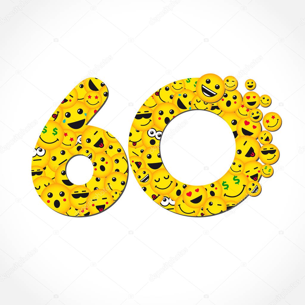 60 th years old congrats. Isolated yellow letter O logotype. Abstract web graphic symbol of 60 %. Vector label template design. Round shape digits, up to -60 % percent off. Discount business sign. 60 years anniversary chat messenger logo