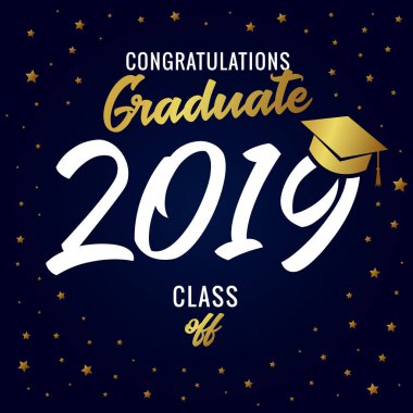 2019 vektör çizim hat son sınıf. Sınıf 20 19 altın ile akademik şapkalı yıldız dekorasyon ödül töreni ya da parti kartı tasarımı için koyu mavi zemin üzerine