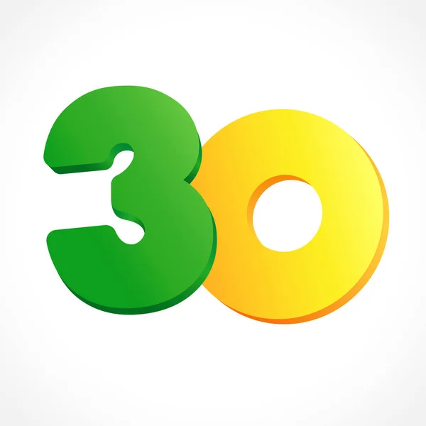 30岁的恭喜你 独立的抽象彩色平面设计模板 最多30或 的标志 圆形0 绿色3和黄金空飞行数字 白色背景上的折扣标志 30周年标志 — 图库矢量图片