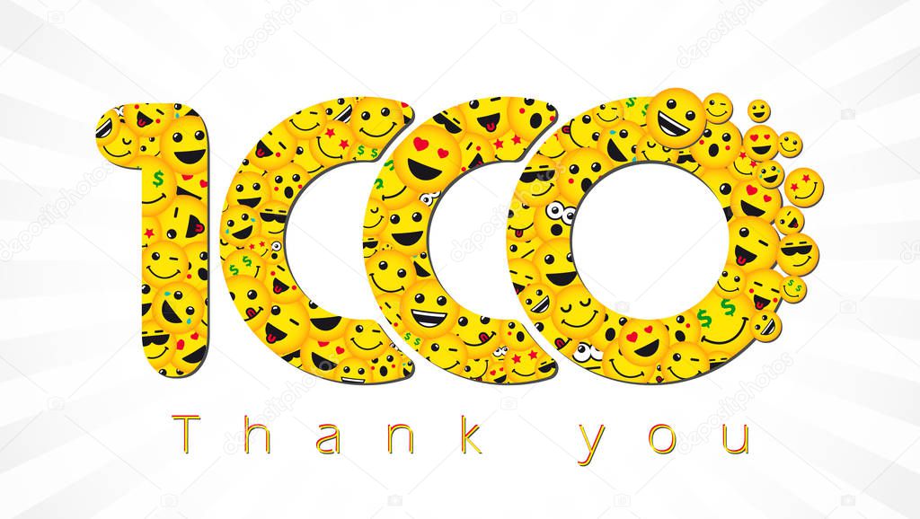 Thank you 1 000 followers logotype. Congratulating bright 1.000 networking thanks, net friends yellow symbol, 1000k sign with people faces. Isolated smiling numbers. Abstract graphic design template. Happy 1000 greeting card, decorative background