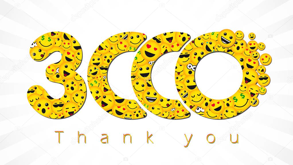 Thank you 3 000 followers logotype. Congratulating bright 3.000 networking thanks, net friends yellow symbol, 3000k sign with people faces. Isolated smiling numbers. Abstract graphic design template. Happy 3000 greeting card, decorative background