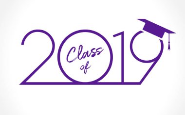 Class of 20 19 year graduation banner, awards concept. T-shirt idea, holiday blue and violet invitation embem in minimalism style. Isolated abstract graphic design template on white background. 2019 graduates greeting card clipart