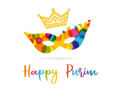 Purim afiş renkli maskesi, tasarım şablonu. Mutlu Purim metin, altın kaplama ve renkli karnaval maskesi. Yahudi tatil vektör çizim