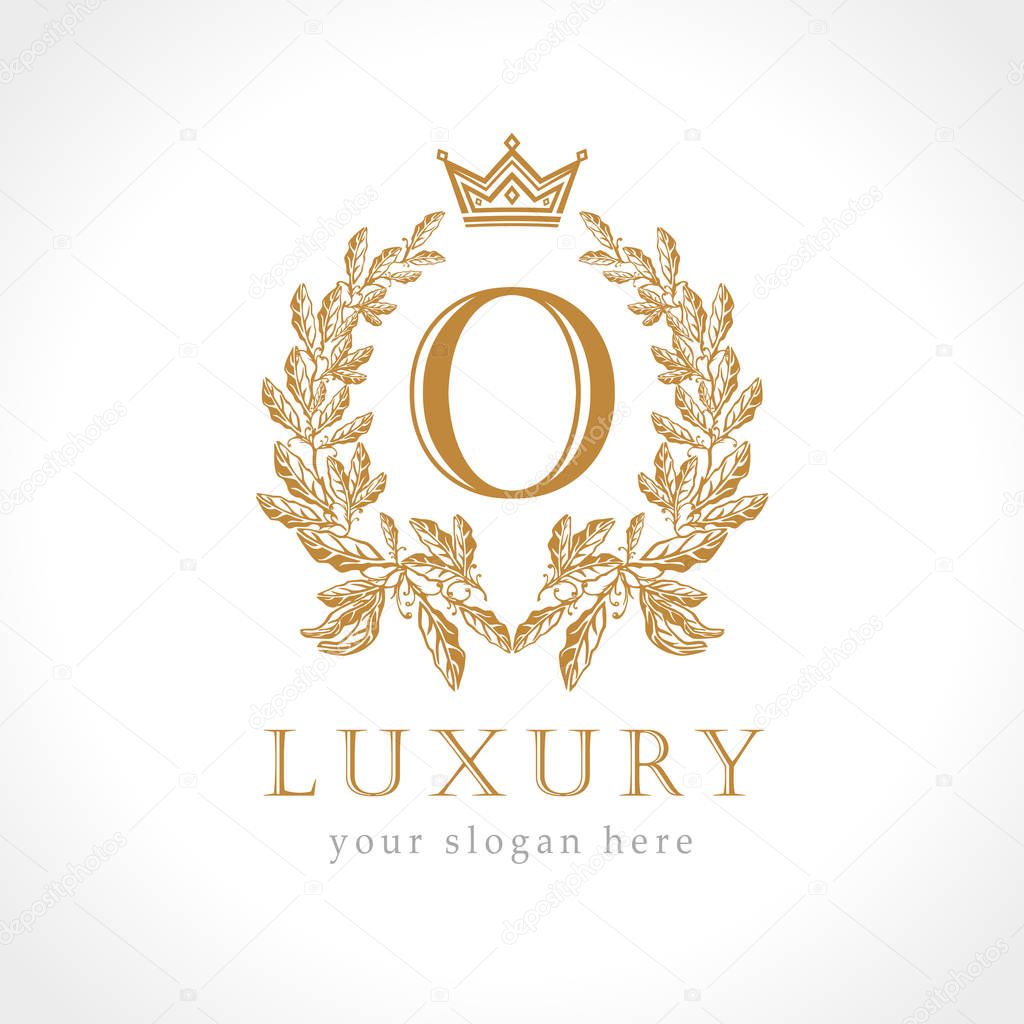 Letter O logotype concept. Isolated abstract emblem, graphic design template. Art nomination award elegant banner, decorative old tradition style sign, round shape business symbol. Vector illustration. O logo business idea