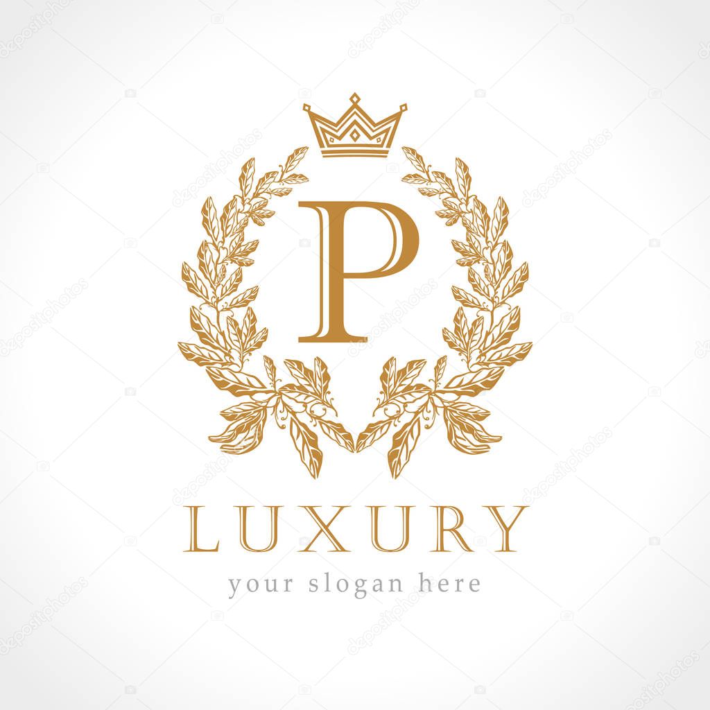 P logo business idea. Letter P logotype concept. Isolated abstract emblem, graphic design template. Art nomination award elegant banner, decorative old tradition style sign, round shape business symbol. Vector illustration
